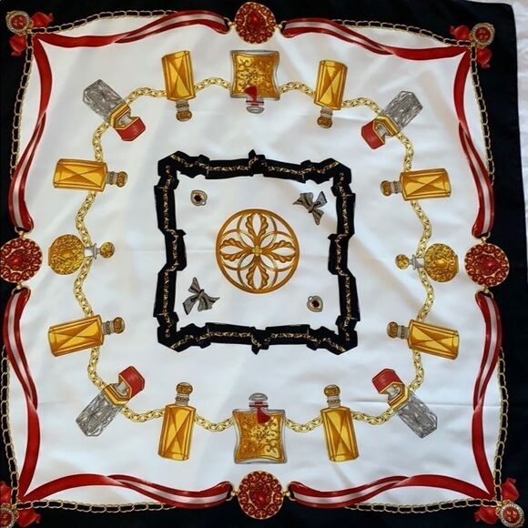 Vtg poly satin scarf w bottles, chains and jewels - Picture 1 of 5